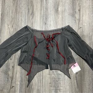 Sheer Top with Red Lace-Up Detail